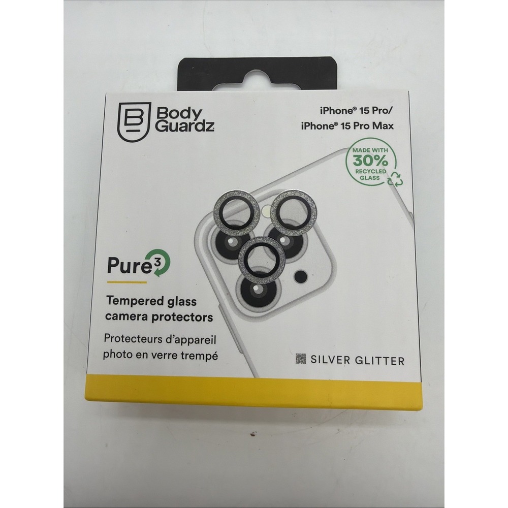 BodyGuardz Silver Glitter Tempered Glass Camera -iPhone 15 Pro/15 Pro Max